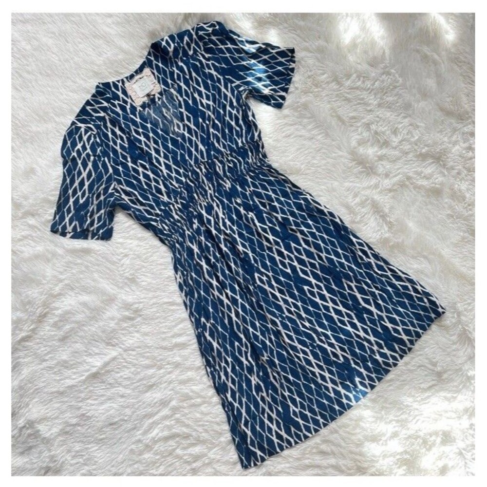 Anthropologie HD IN PARIS Blue White Diamond Printed Smocked Mini Dress Size 4